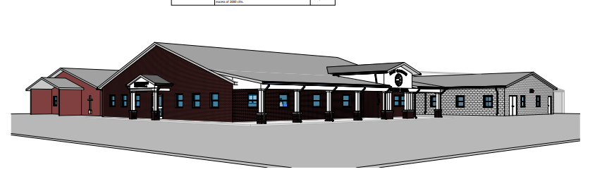 Architectural rendering showing the planned Mary Carrico school expansion, with a covered walkway and new front entrance.